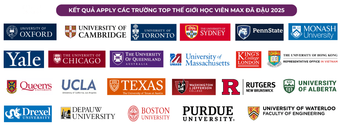 Kết quả apply các trường top thế giới học viên MAX đã đậu 2025: Oxford, Cambridge, Yale, University of Chicago, UCLA, University of Toronto, University of Sydney, Penn State, Monash, Queensland, UMass, Kings College London, HKU, Queens University, UT Austin, Rutgers, Alberta, Drexel, DePauw, Boston University, Purdue, Waterloo