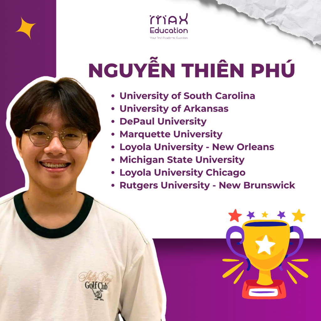 Học sinh MAX Education Nguyễn Thiên Phú — đậu University of South Carolina
